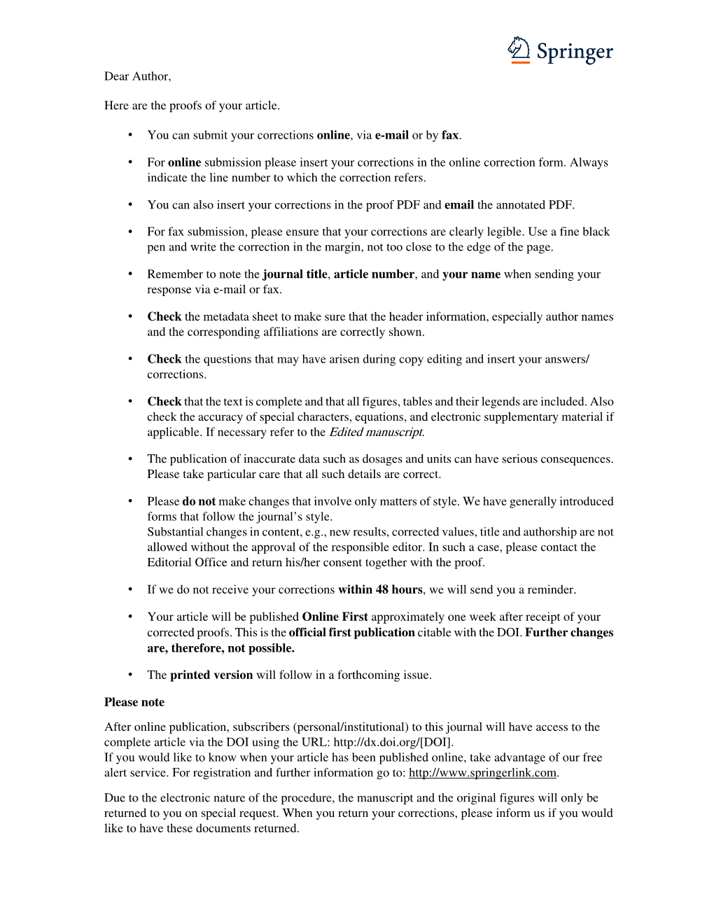 Dear Author, Here Are the Proofs of Your Article. • You Can Submit Your Corrections Online, Via E-Mail Or by Fax. • for On