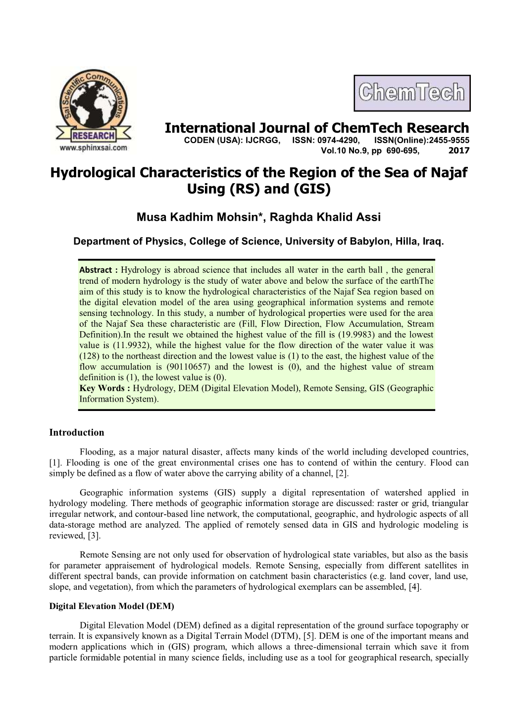 Hydrological Characteristics of the Region of the Sea of Najaf Using (RS) and (GIS)