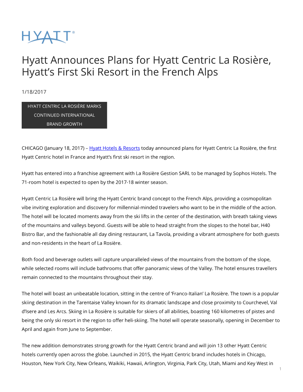 Hyatt Announces Plans for Hyatt Centric La Rosière, Hyatt's First Ski