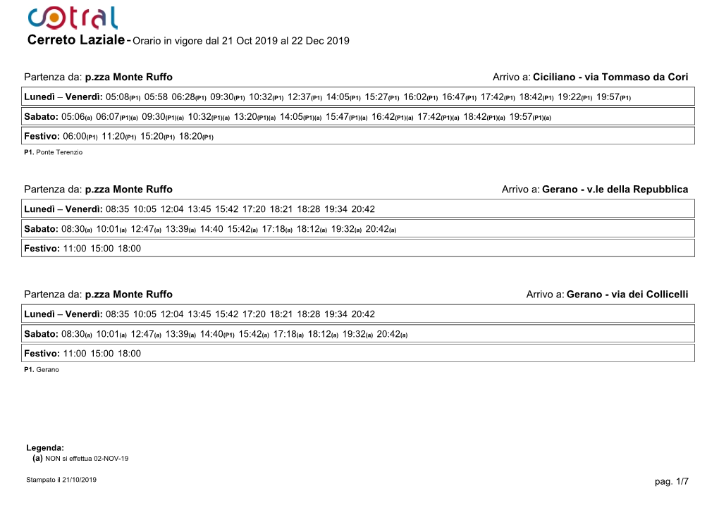 Cerreto Laziale-Orario in Vigore Dal 21 Oct 2019 Al 22 Dec 2019 Partenza