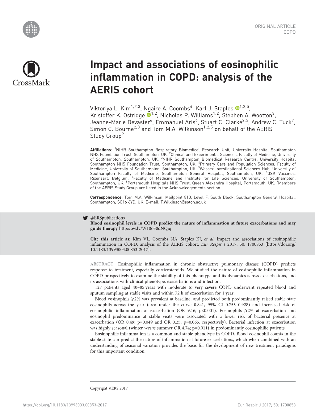 Impact and Associations of Eosinophilic Inflammation in COPD: Analysis of the AERIS Cohort