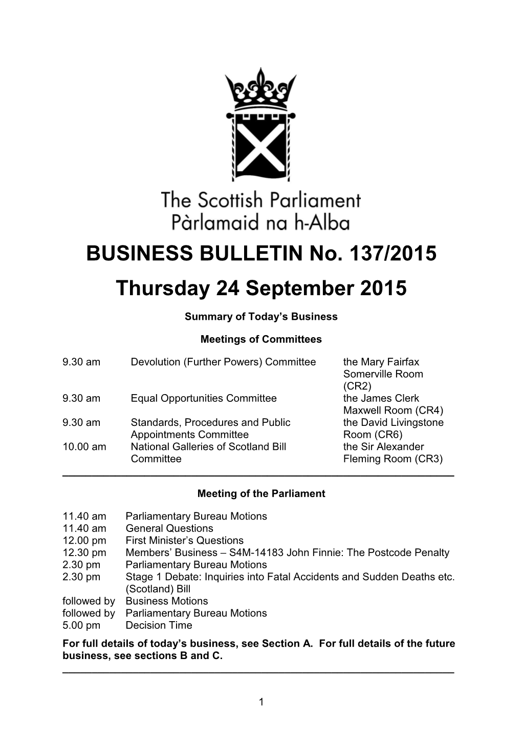 BUSINESS BULLETIN No. 137/2015 Thursday 24 September 2015