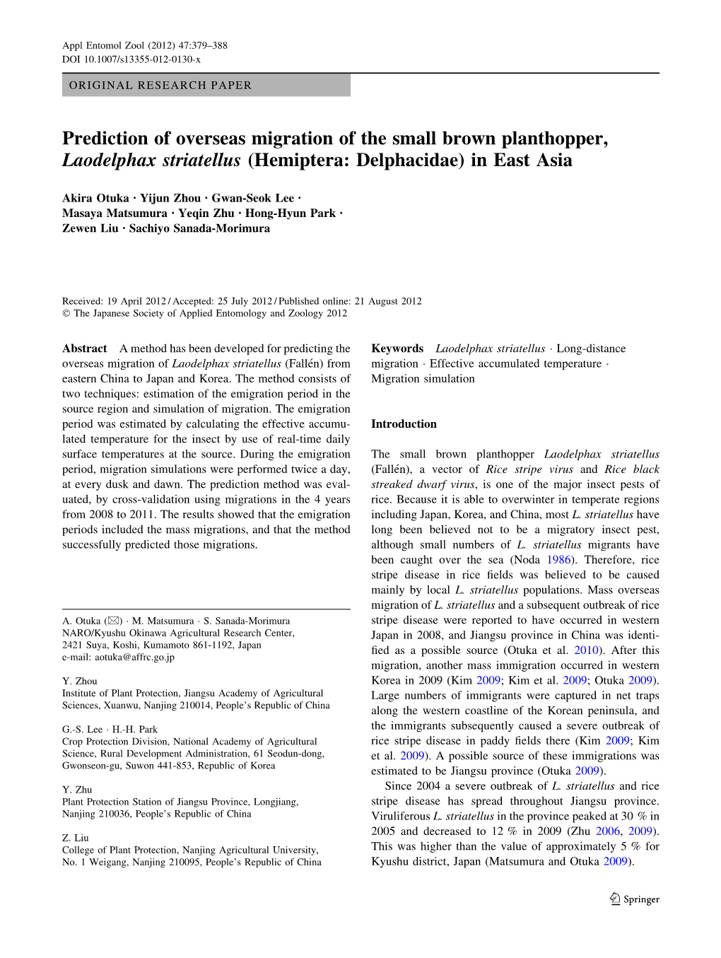 Prediction of Overseas Migration of the Small Brown Planthopper, Laodelphax Striatellus (Hemiptera: Delphacidae) in East Asia