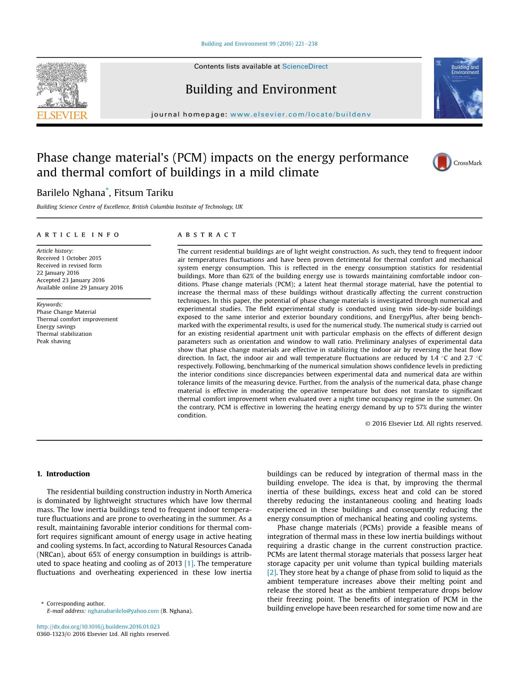 Phase Change Material's (PCM) Impacts on the Energy Performance and Thermal Comfort of Buildings in a Mild Climate