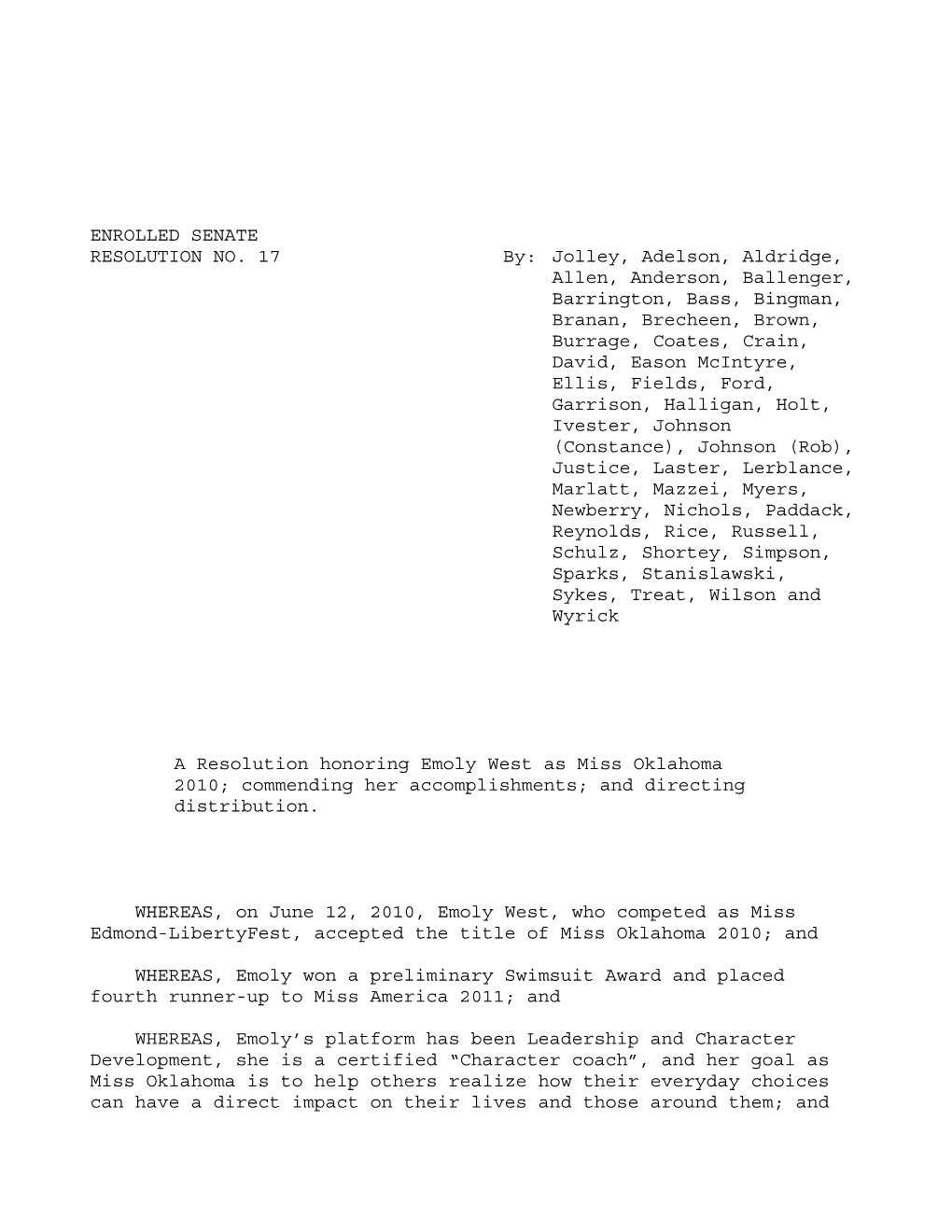 ENROLLED SENATE RESOLUTION NO. 17 By