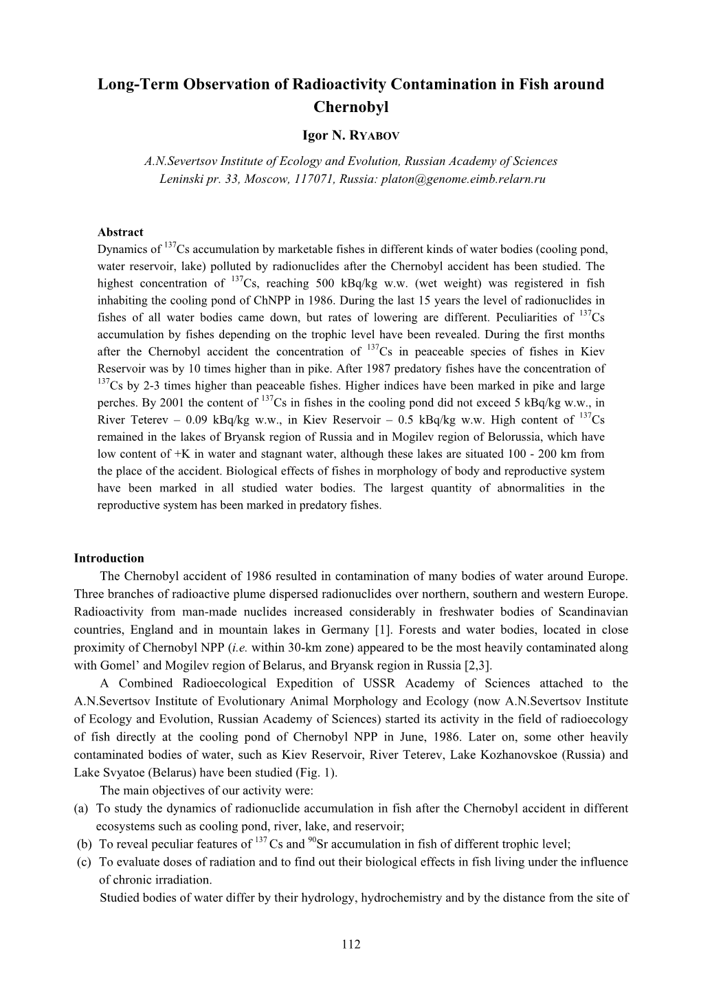 Long-Term Observation of Radioactivity Contamination in Fish Around Chernobyl