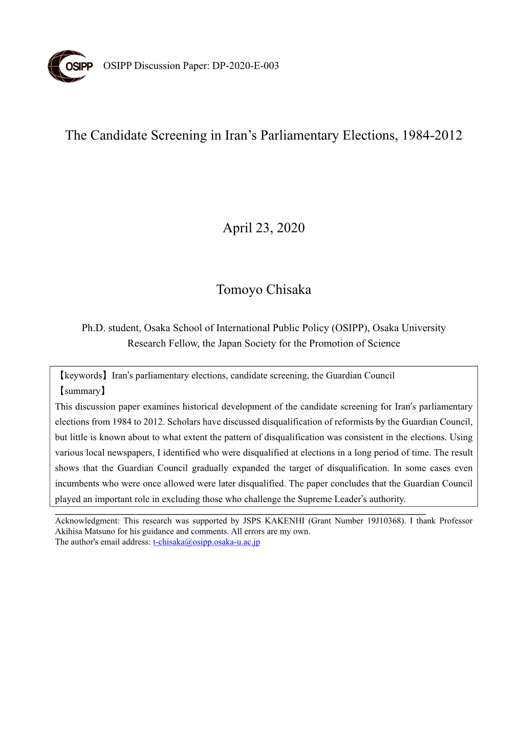 The Candidate Screening in Iran's Parliamentary Elections, 1984-2012