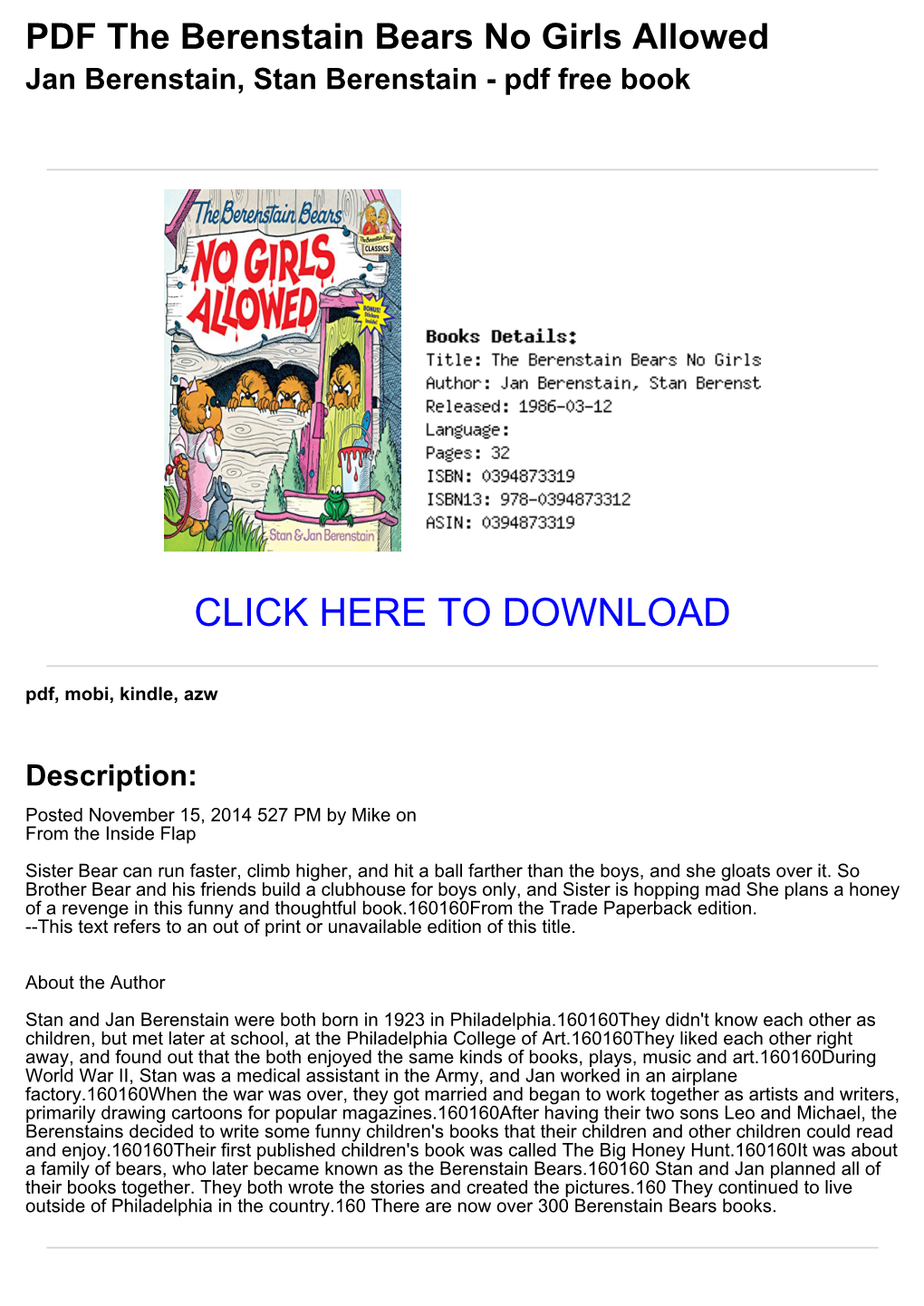 927Fa2b PDF the Berenstain Bears No Girls Allowed Jan Berenstain