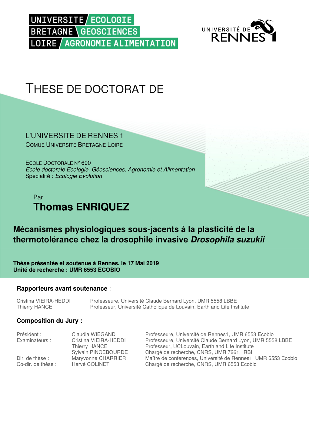 Mécanismes Physiologiques Sous-Jacents À La Plasticité De La Thermotolérance Chez La Drosophile Invasive Drosophila Suzukii