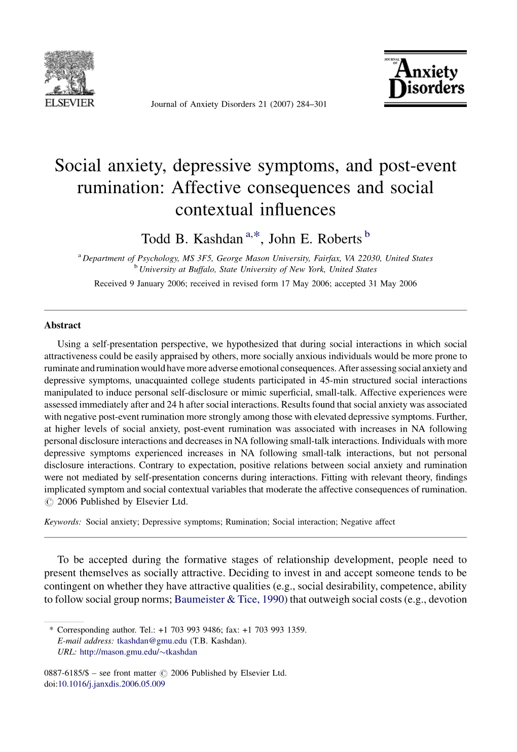 Social Anxiety, Depressive Symptoms, and Post-Event Rumination: Affective Consequences and Social Contextual Influences