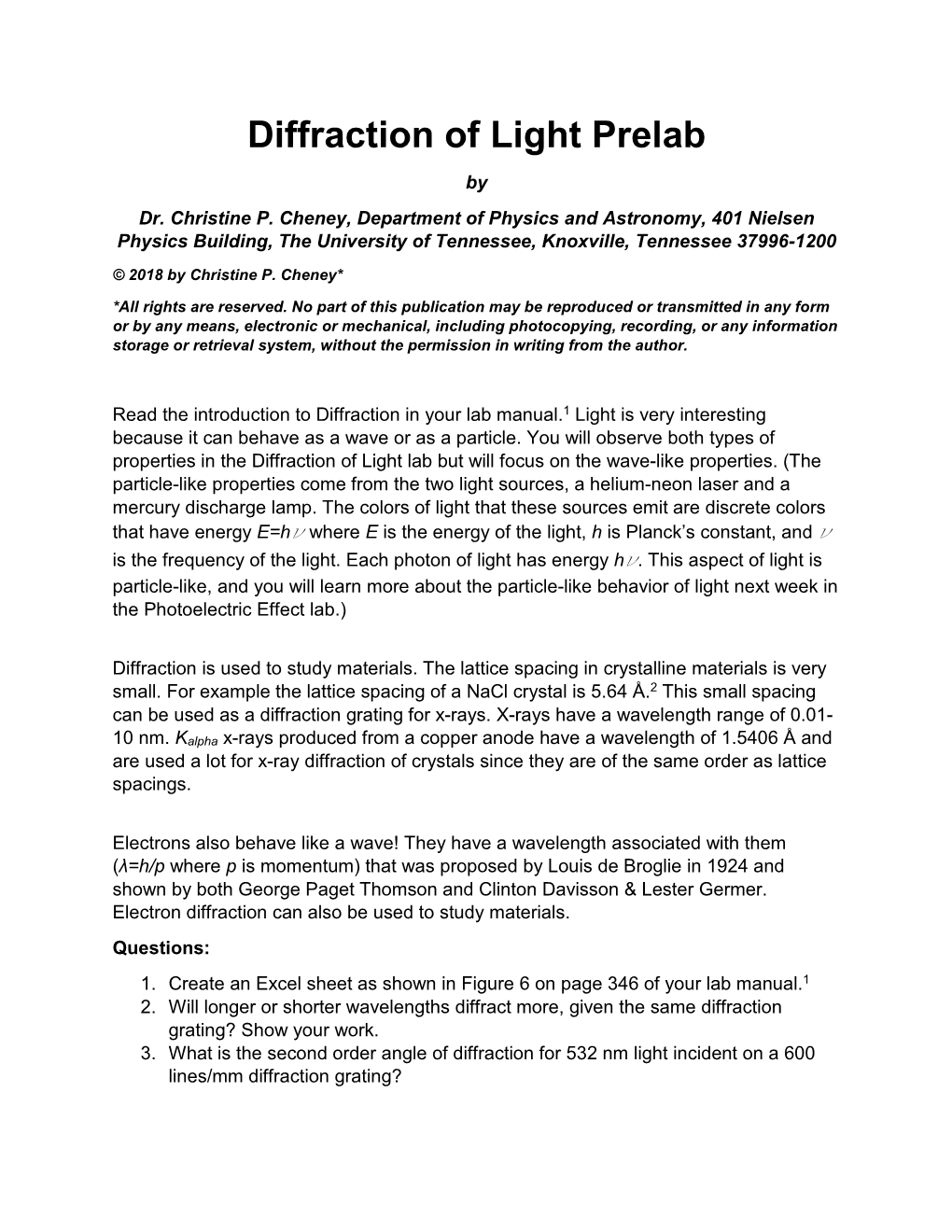 Diffraction of Light Prelab by Dr