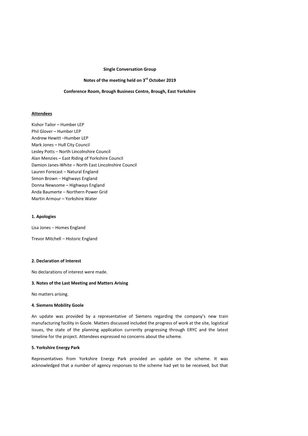 Single Conversation Group Notes of the Meeting Held on 3Rd October 2019 Conference Room, Brough Business Centre, Brough, East Yo