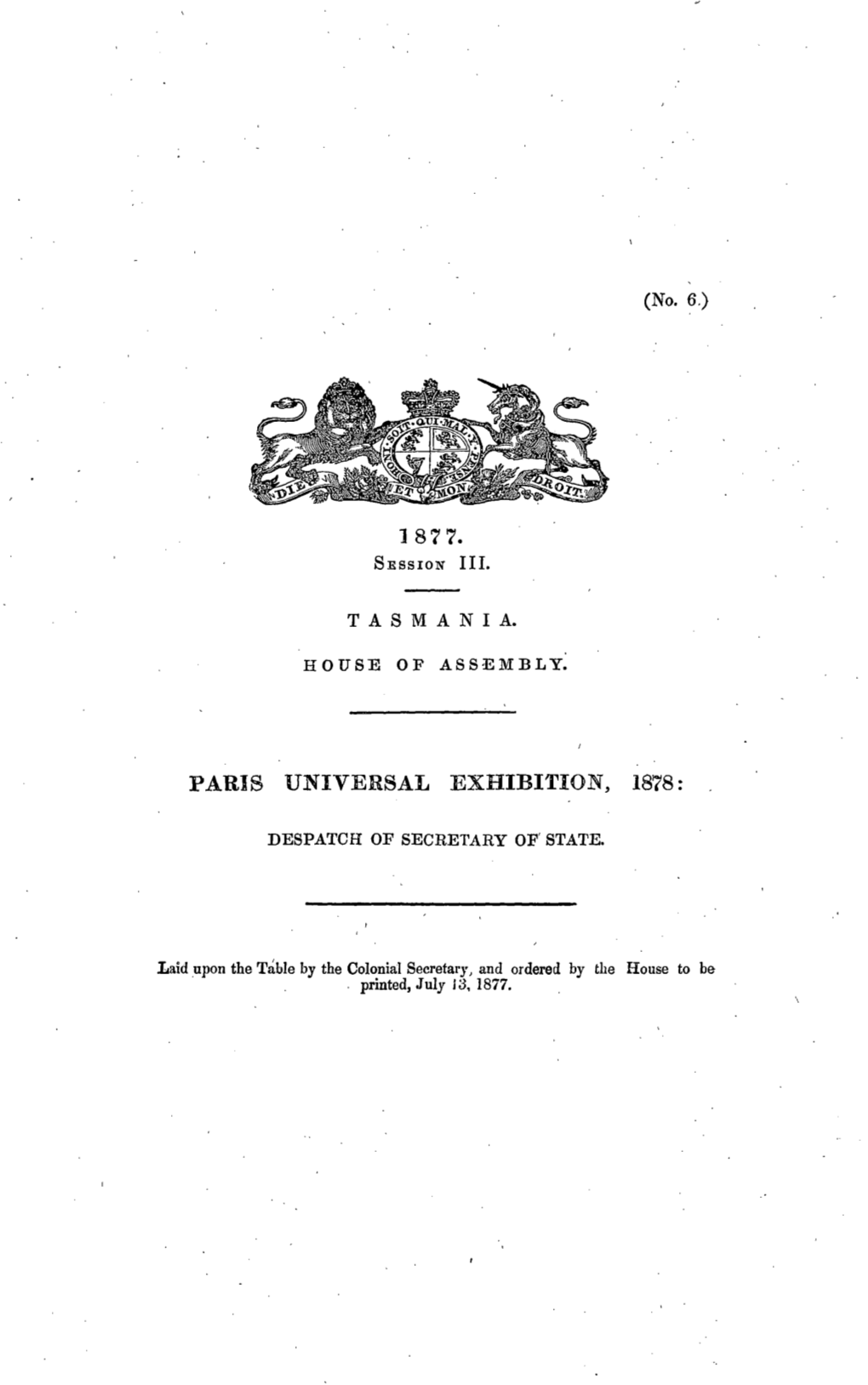 Paris Universal Exhibition 1878 Despatch of Secretary of State