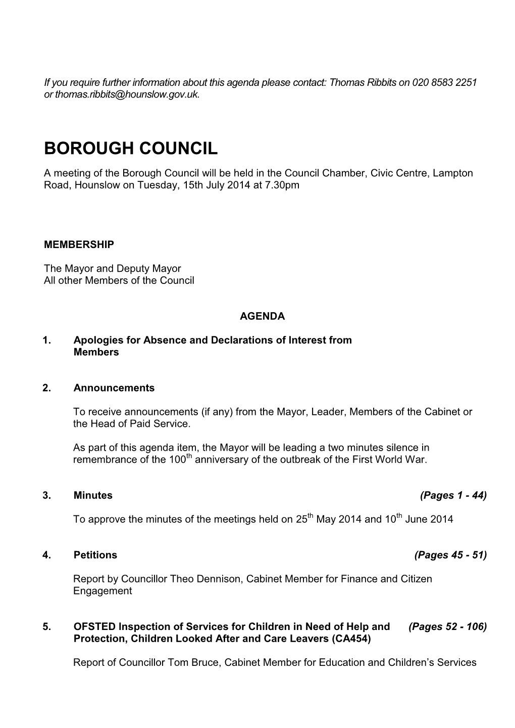 (Public Pack)Agenda Document for Borough Council, 15/07/2014 19:30