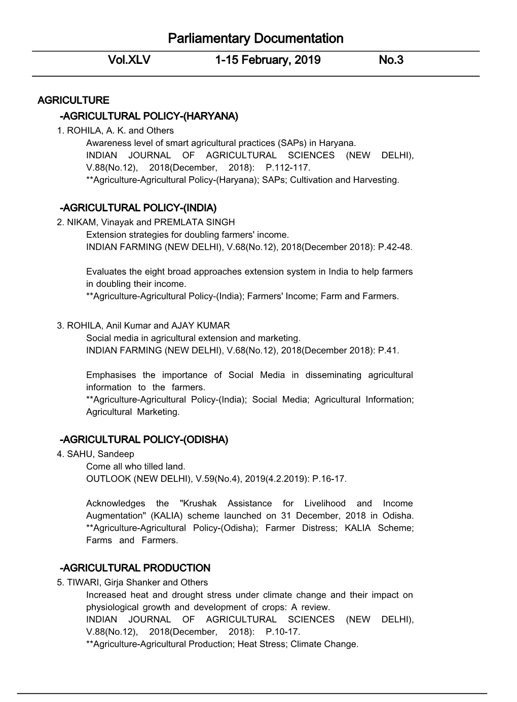 Parliamentary Documentation Vol.XLV 1-15 February, 2019 No.3