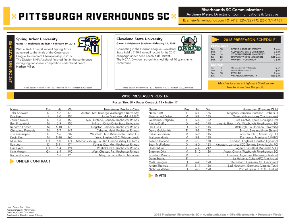 Riverhounds SC Communications UPCOMING MA TCHES