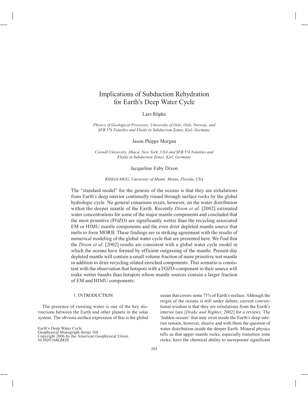 Implications of Subduction Rehydration for Earth's Deep Water