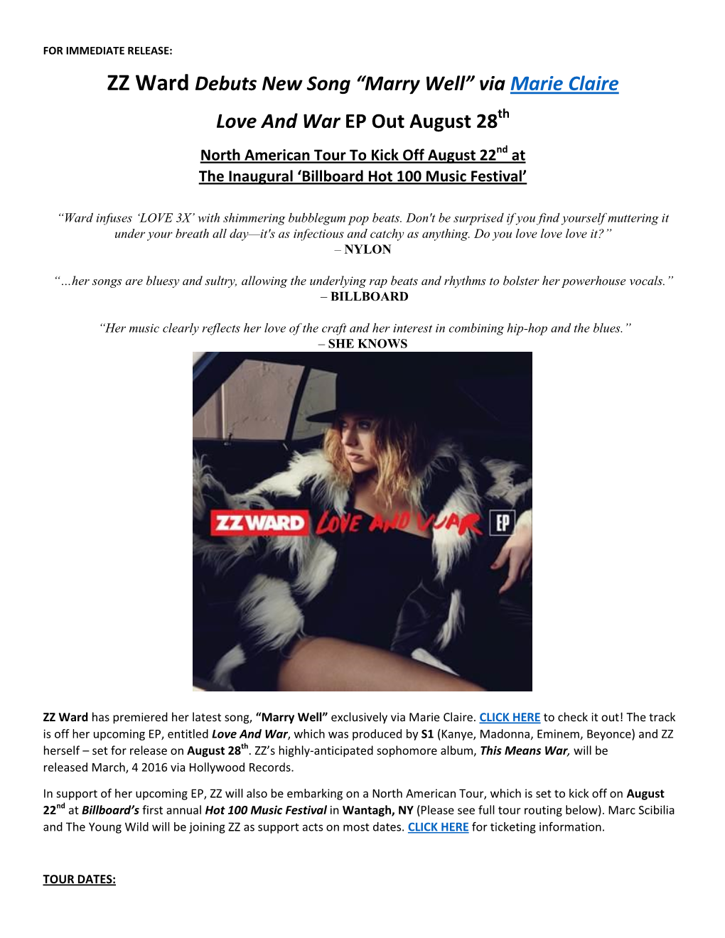 ZZ Ward Debuts New Song “Marry Well” Via Marie Claire Love and War EP out August 28