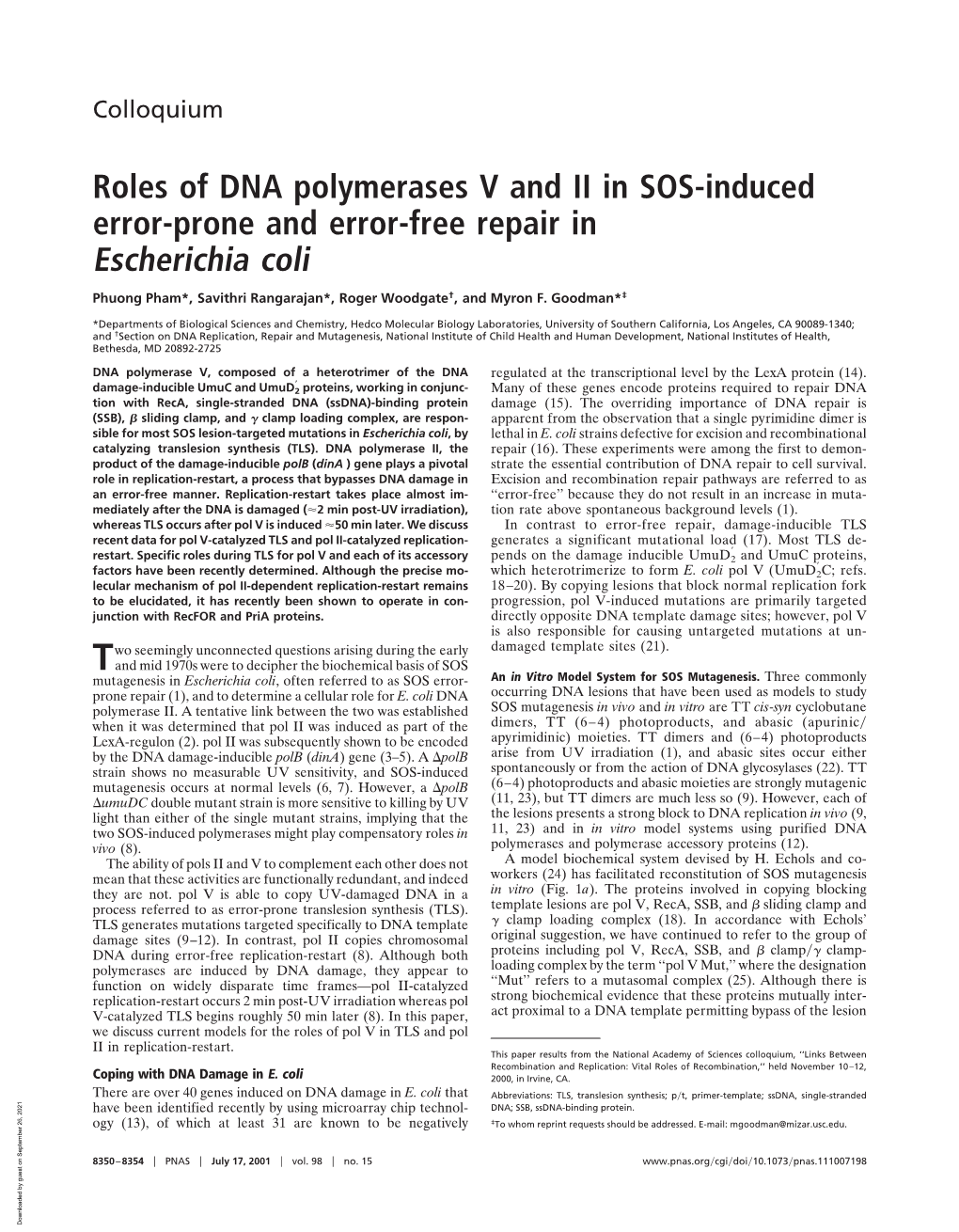 Roles of DNA Polymerases V and II in SOS-Induced Error-Prone and Error-Free Repair in Escherichia Coli