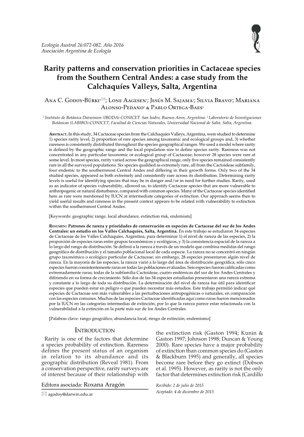 Rarity Patterns and Conservation Priorities in Cactaceae Species from the Southern Central Andes: a Case Study from the Calchaquíes Valleys, Salta, Argentina