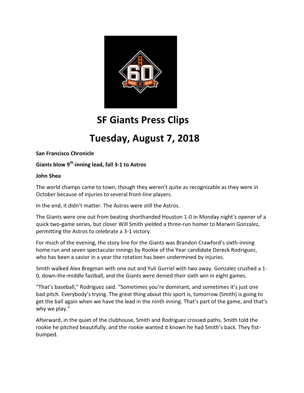 SF Giants Press Clips Tuesday, August 7, 2018