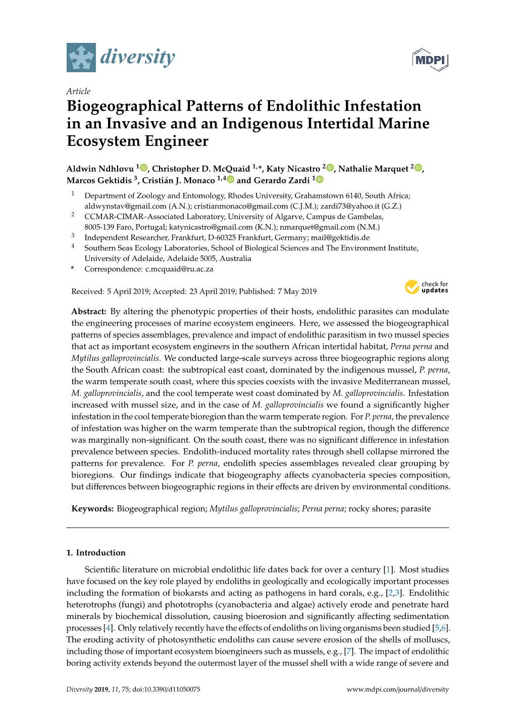 Biogeographical Patterns of Endolithic Infestation in an Invasive and an Indigenous Intertidal Marine Ecosystem Engineer