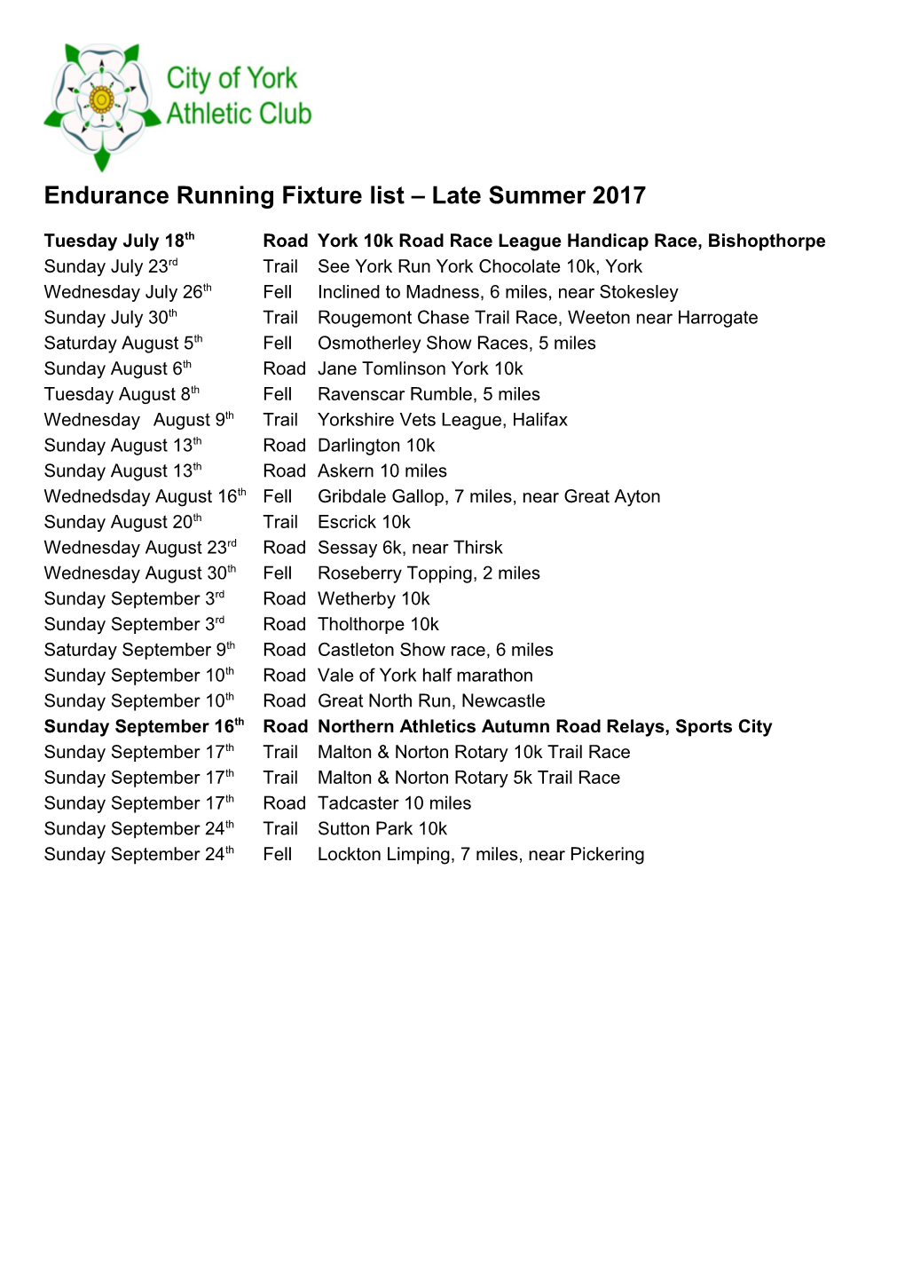 Endurance Running Fixture List Autumn 2016