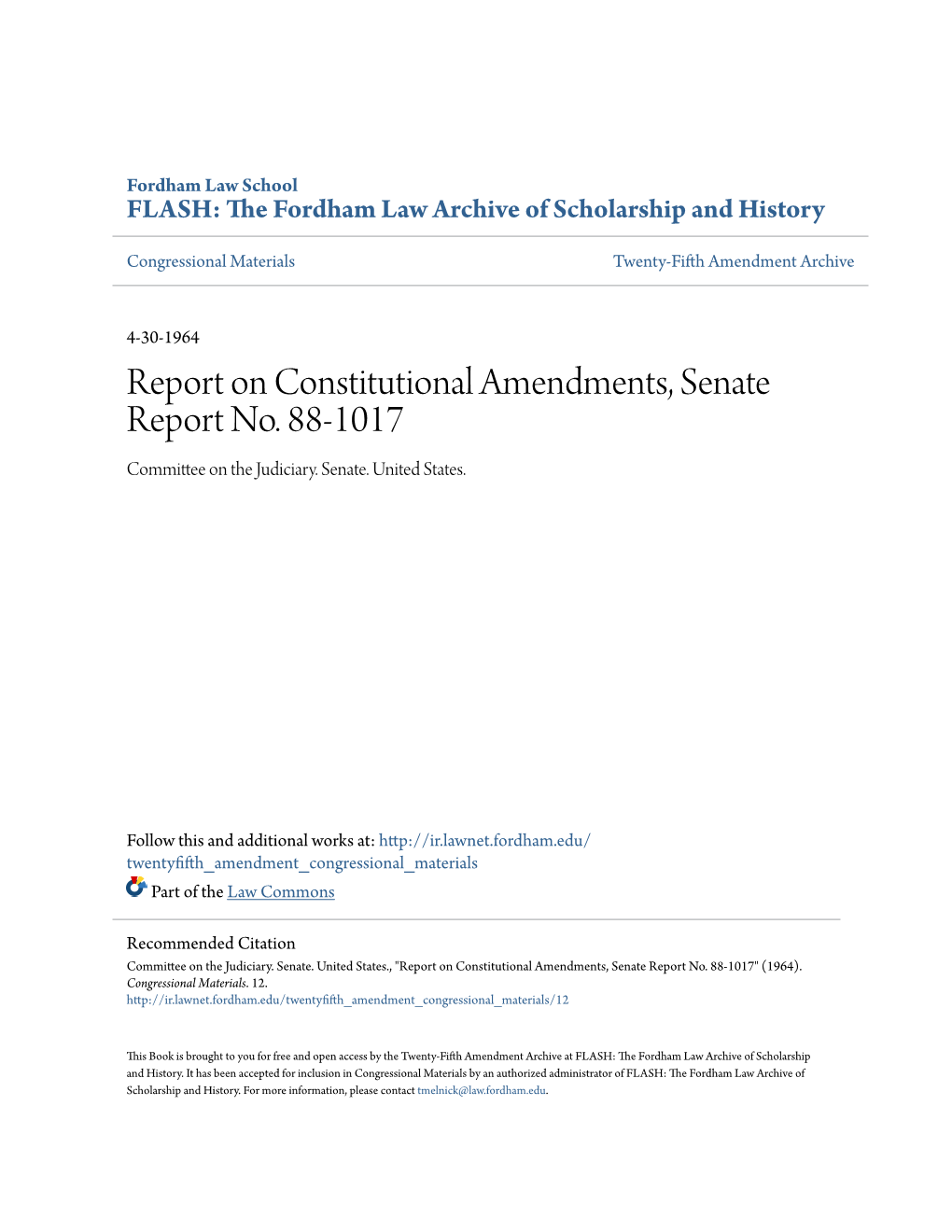 Report on Constitutional Amendments, Senate Report No. 88-1017 Committee on the Judiciary