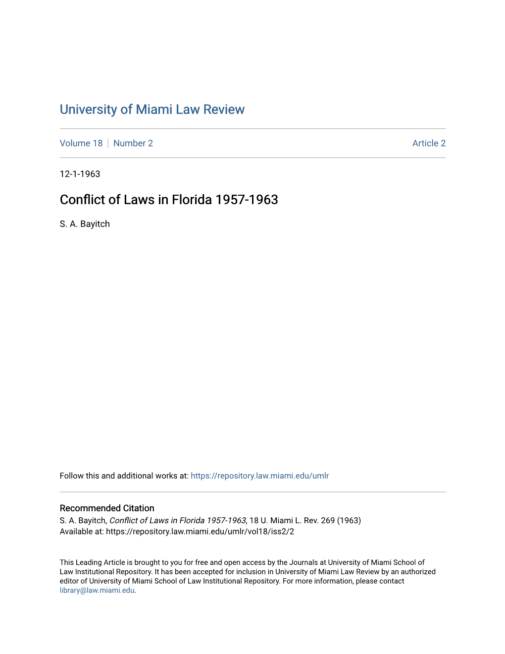Conflict of Laws in Florida 1957-1963