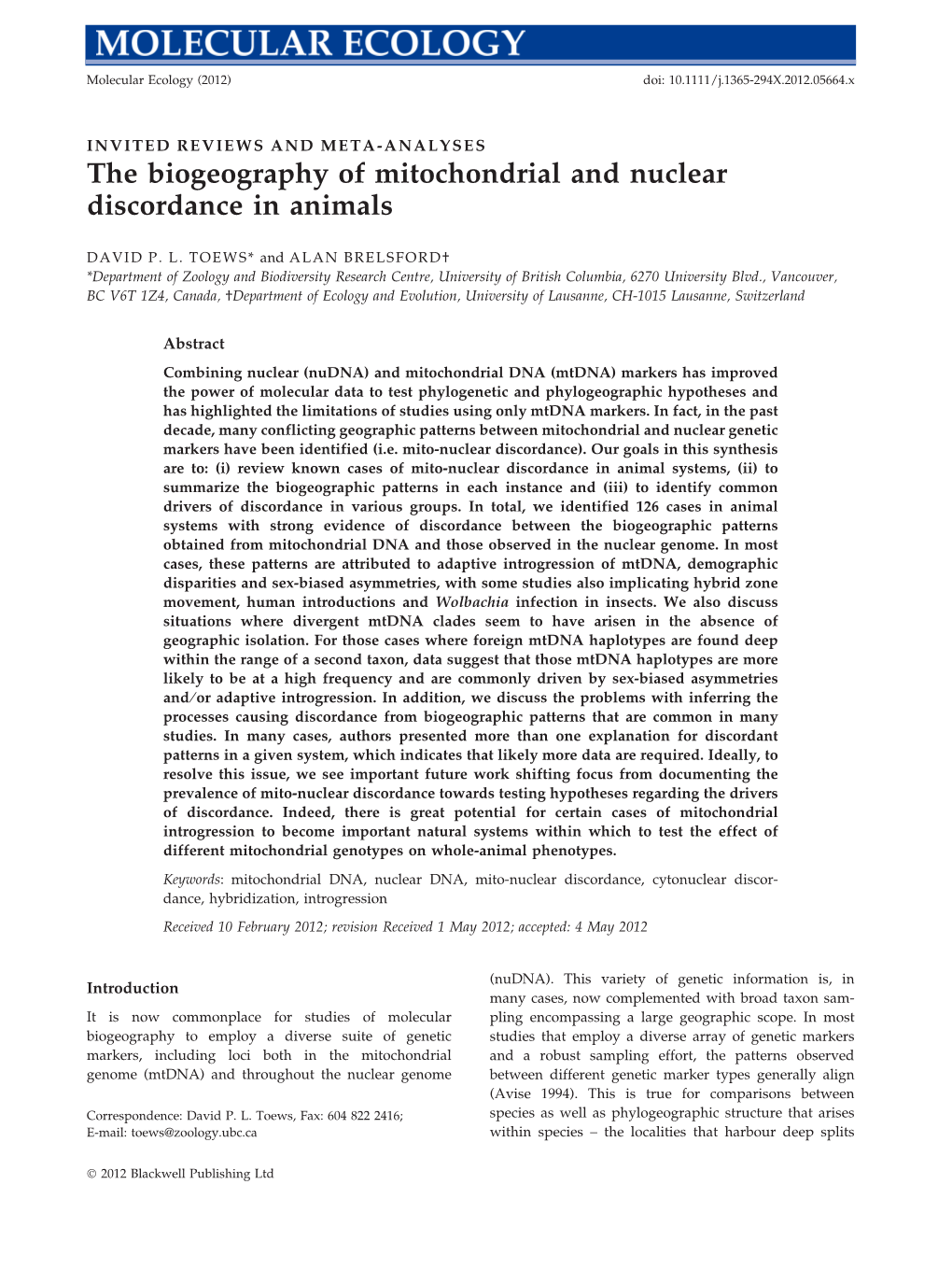 The Biogeography of Mitochondrial and Nuclear Discordance in Animals