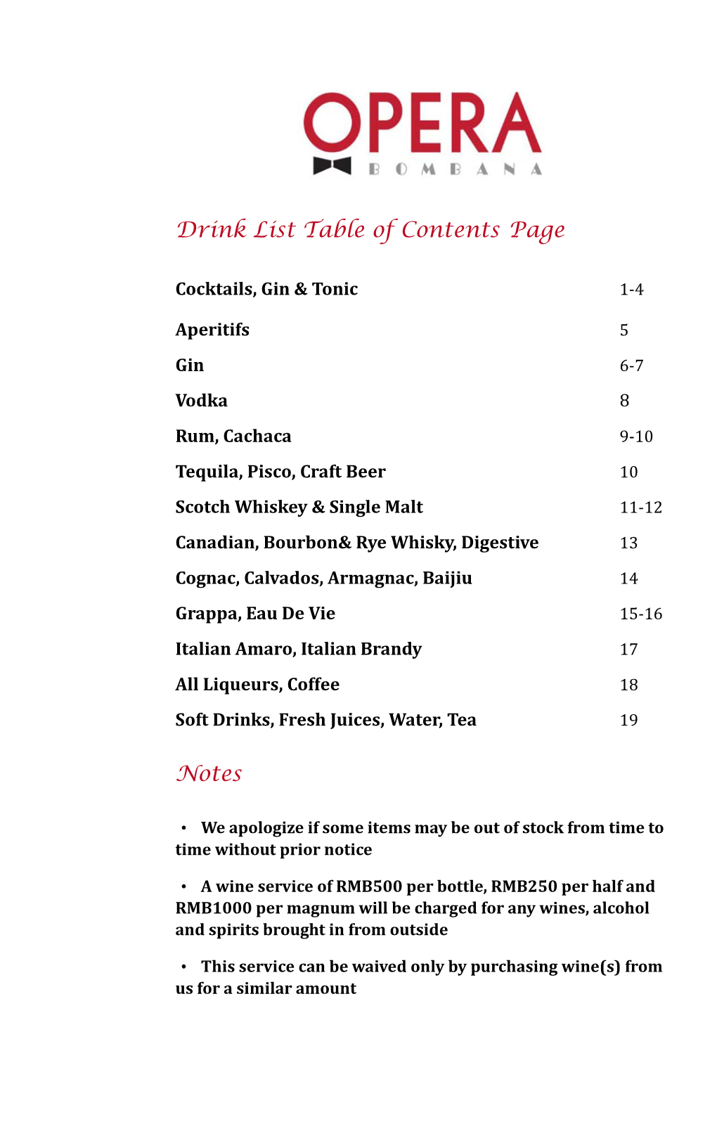 Drink List Table of Contents Page Notes