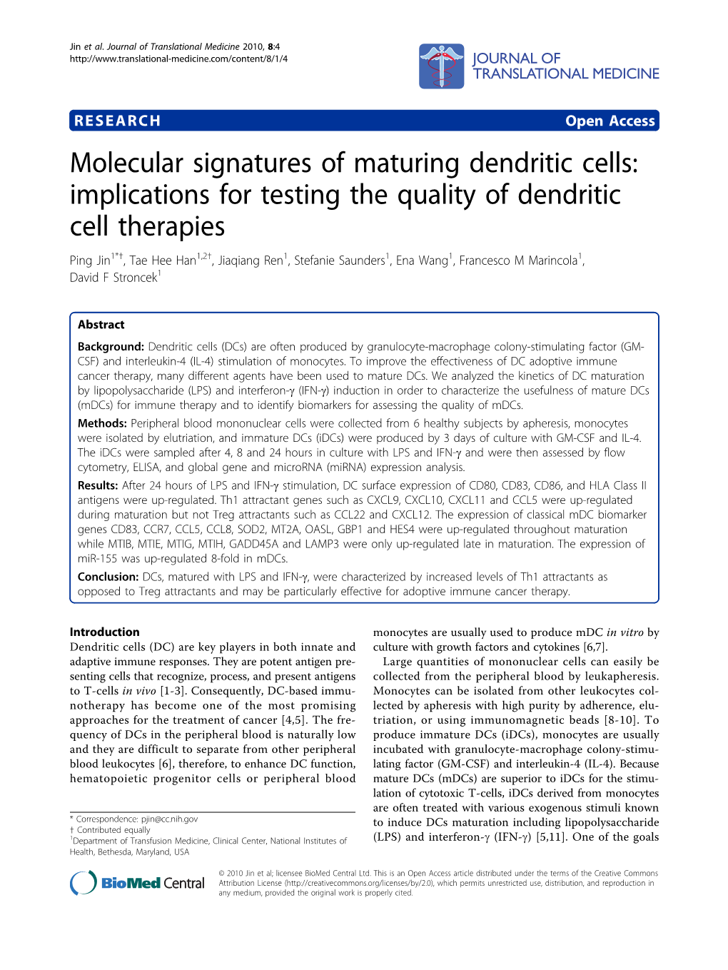 Molecular Signatures of Maturing Dendritic Cells