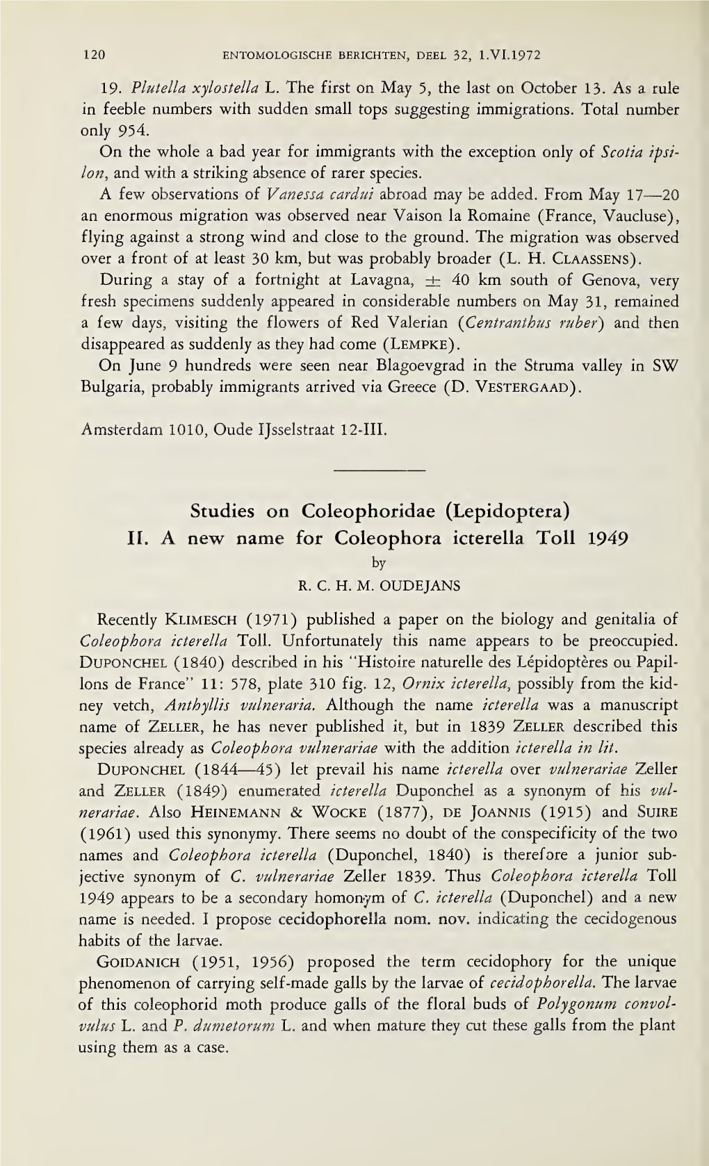 Studies on Coleophoridae (Lepidoptera) II. a New Name for Coleophora Icterella Toll 1949