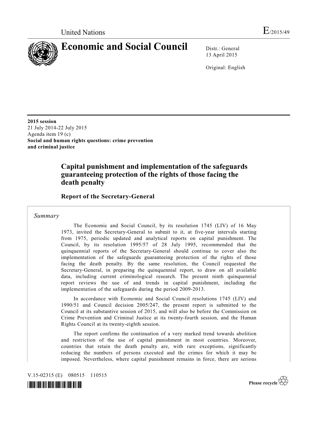 E/2015/49 Economic and Social Council