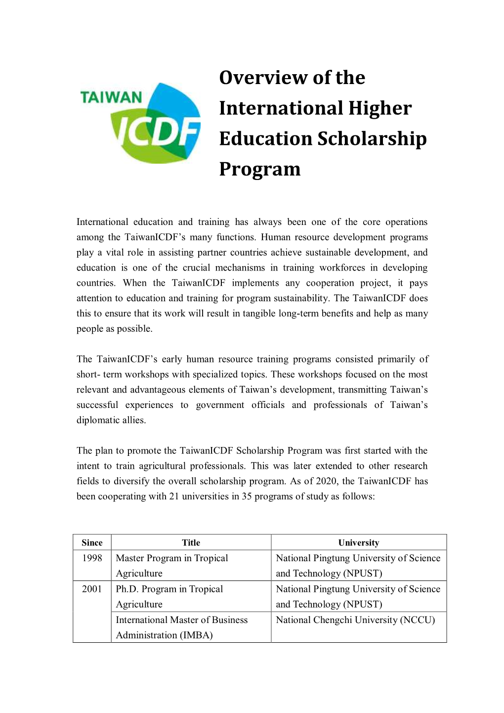 Overview of the International Higher Education Scholarship Program