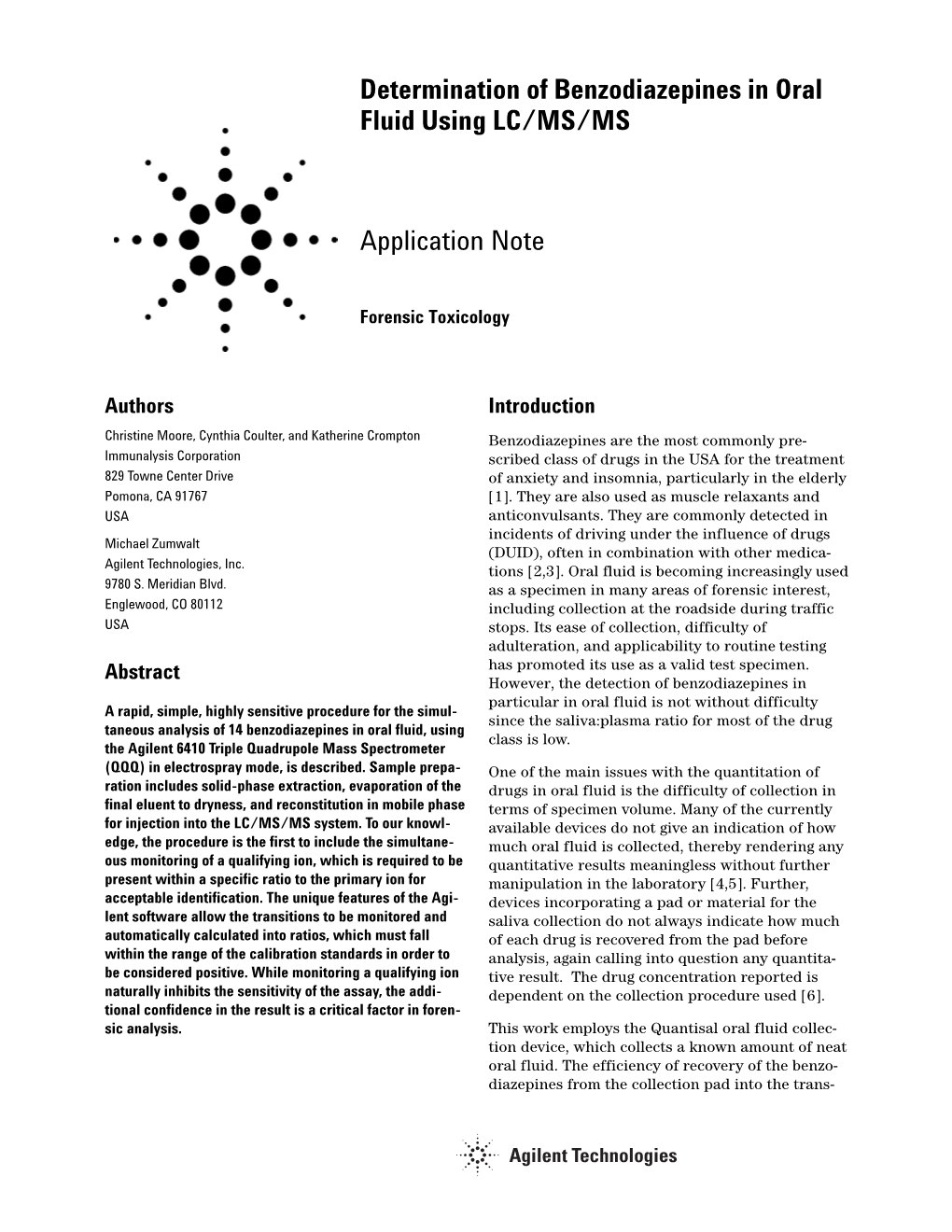 Determination of Benzodiazepines in Oral Fluid Using LC/MS/MS