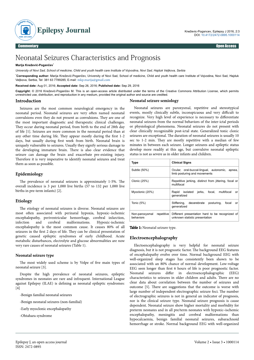 Neonatal Seizures Characteristics and Prognosis