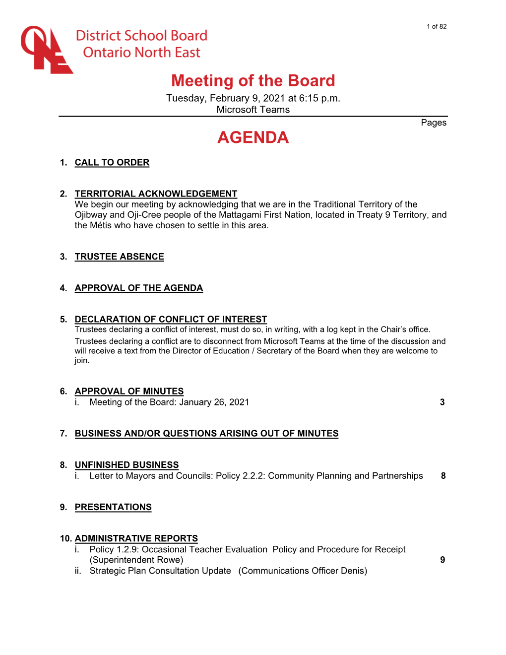 Meeting of the Board AGENDA