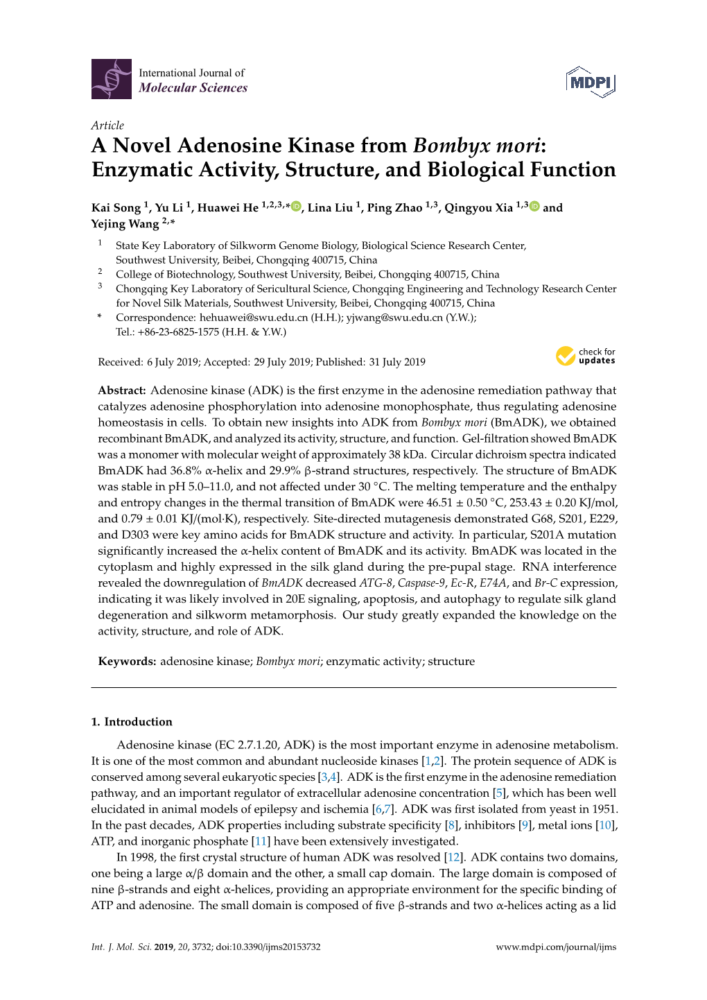 A Novel Adenosine Kinase from Bombyx Mori: Enzymatic Activity, Structure, and Biological Function