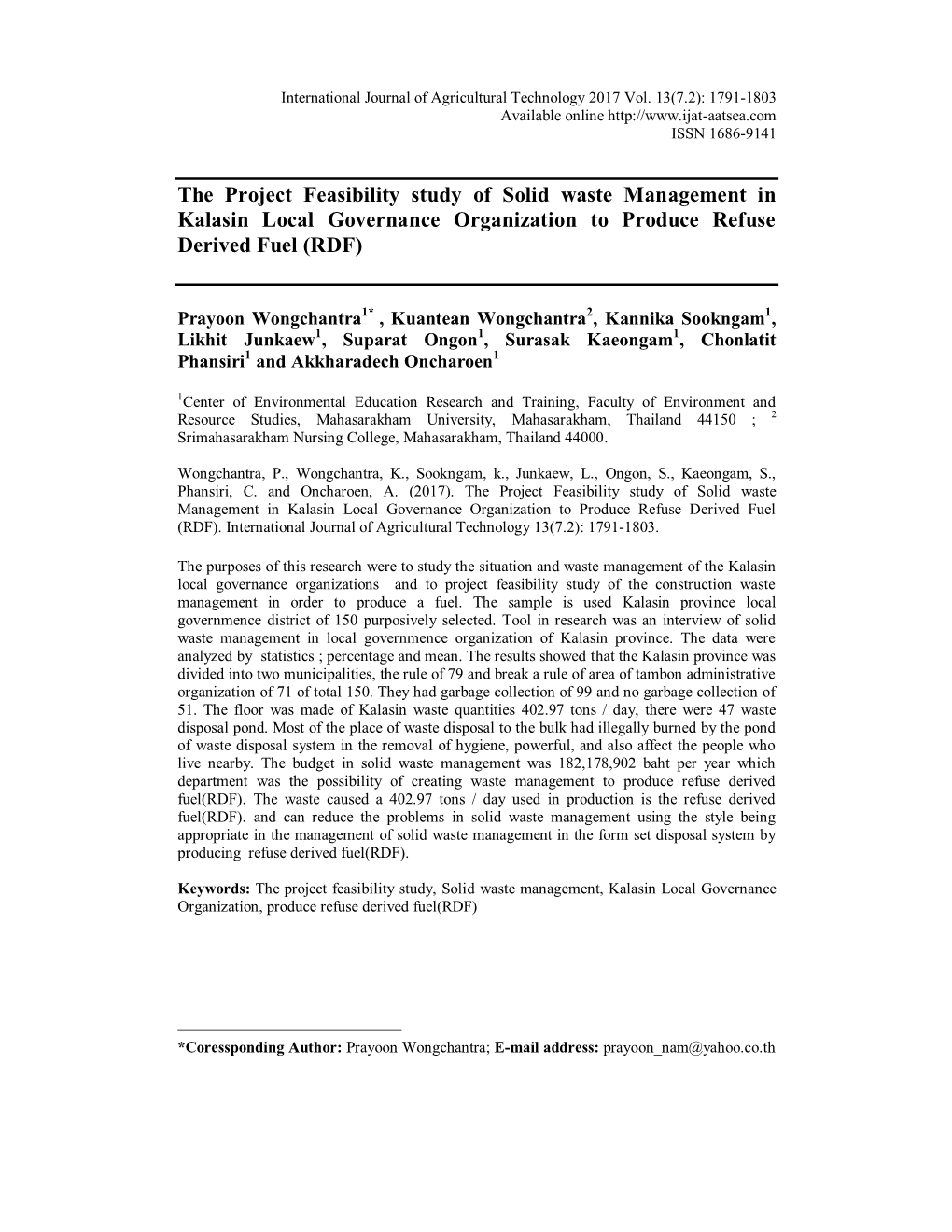 The Project Feasibility Study of Solid Waste Management in Kalasin Local Governance Organization to Produce Refuse Derived Fuel (RDF)