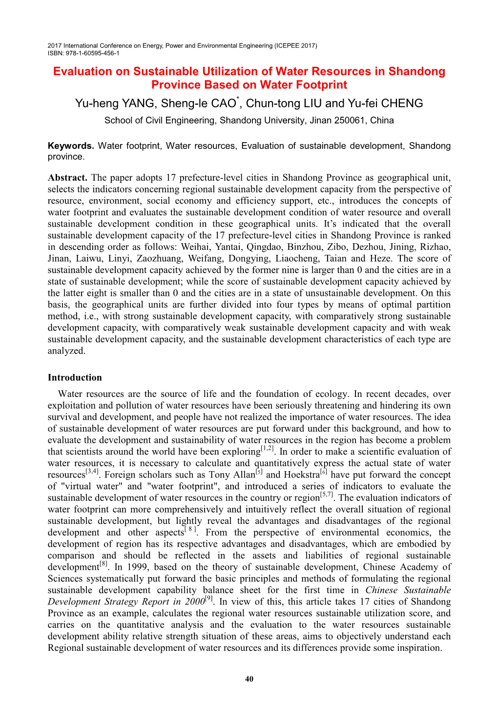 Evaluation on Sustainable Utilization of Water Resources in Shandong