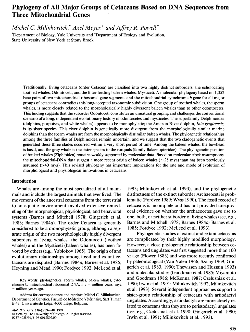 Phylogeny of All Major Groups of Cetaceans Based on DNA Sequences from Three Mitochondrial Genes