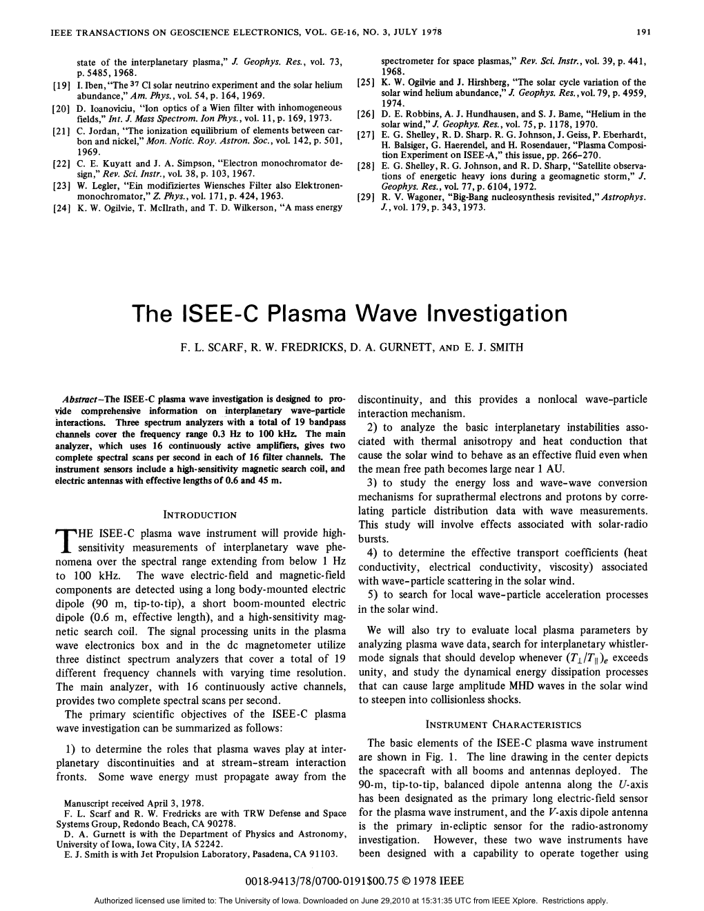 The ISEE-C Plasma Wave Investigation