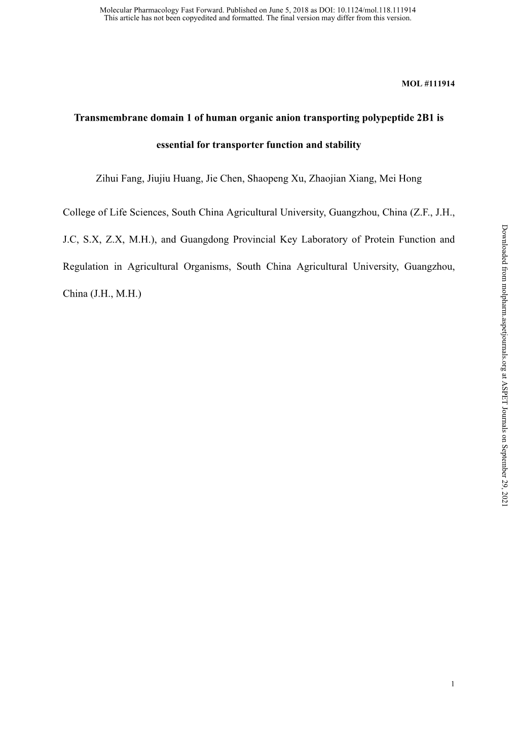 Transmembrane Domain 1 of Human Organic Anion Transporting Polypeptide 2B1 Is