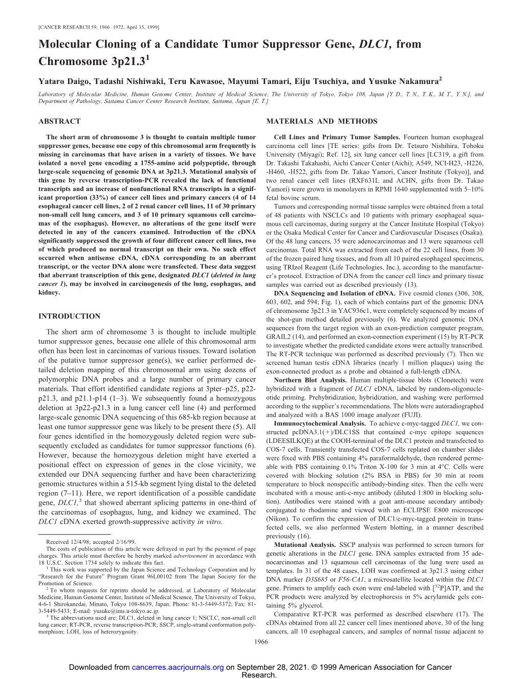 Molecular Cloning of a Candidate Tumor Suppressor Gene, DLC1, from Chromosome 3P21.31