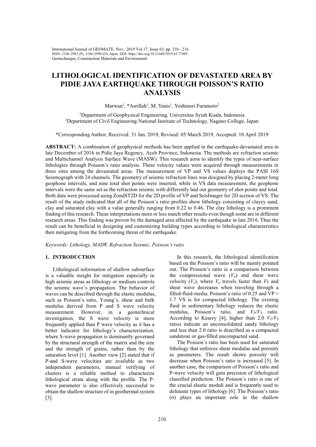 Lithological Identification of Devastated Area by Pidie Jaya Earthquake Through Poisson's Ratio Analysis