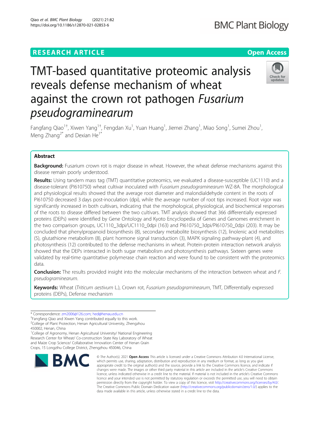 TMT-Based Quantitative Proteomic Analysis Reveals Defense