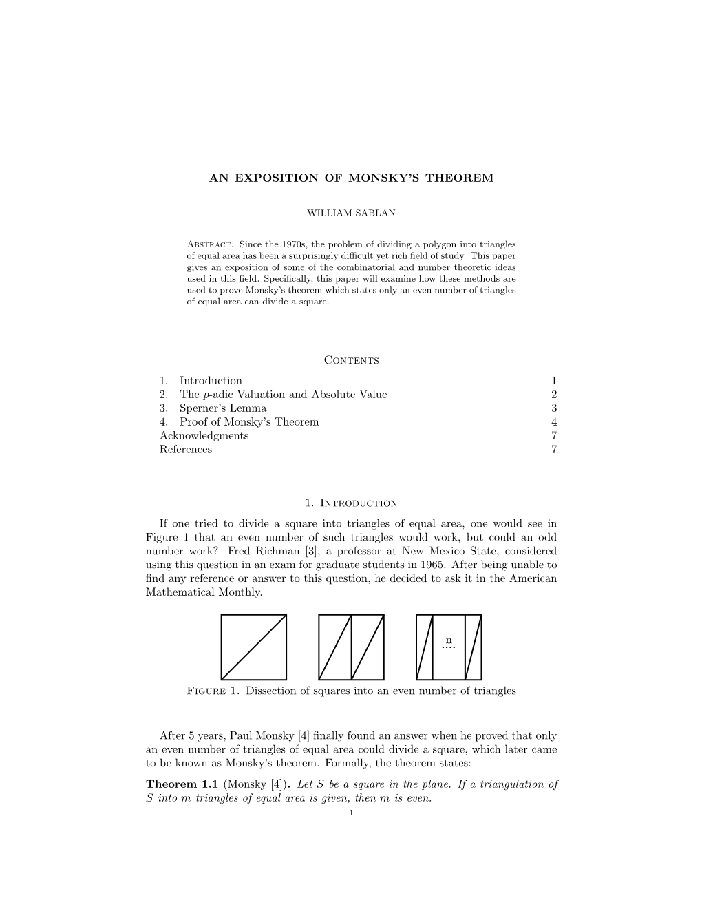 AN EXPOSITION of MONSKY's THEOREM Contents 1. Introduction