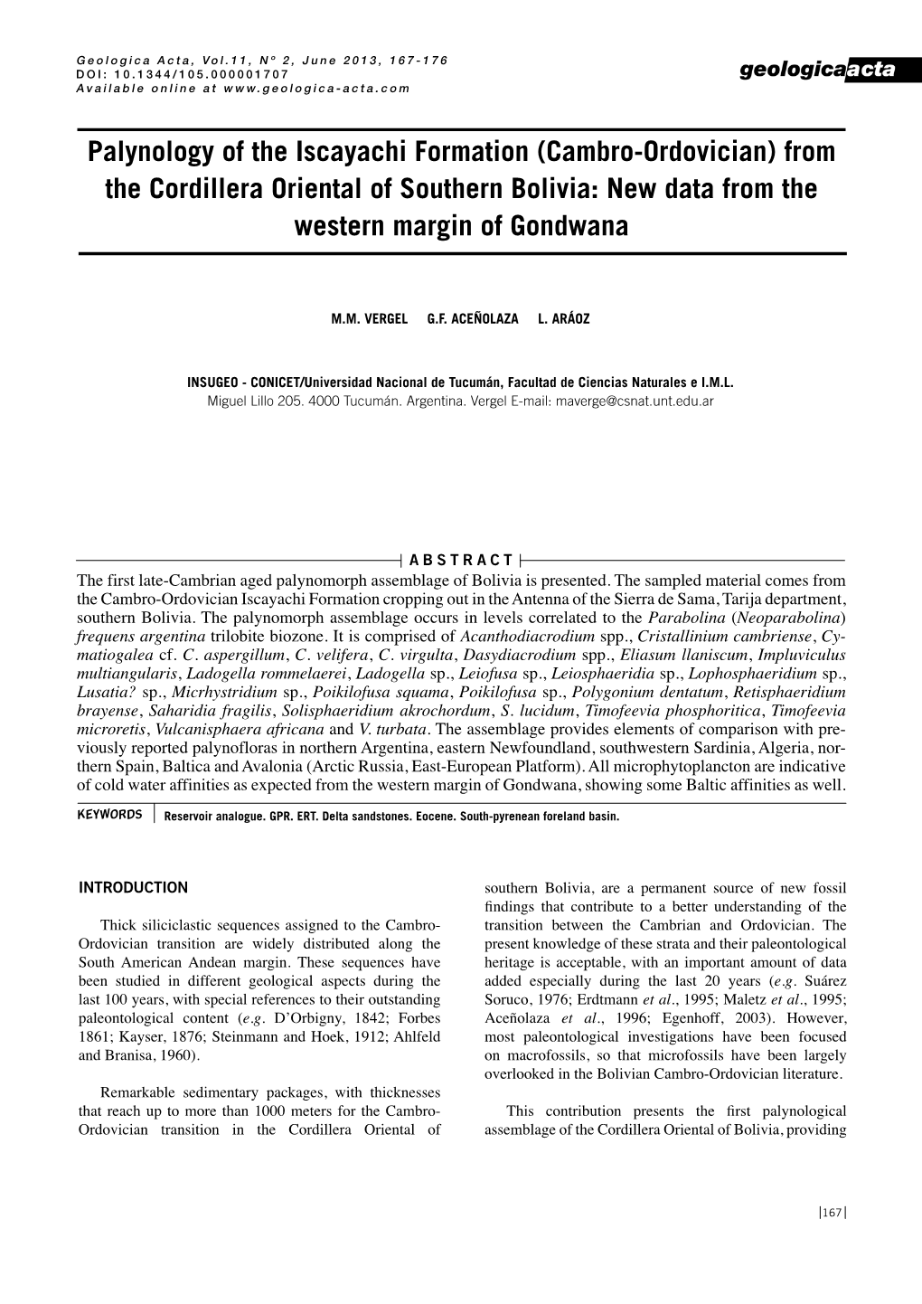 Palynology of the Iscayachi Formation (Cambro-Ordovician) from the Cordillera Oriental of Southern Bolivia: New Data from the Western Margin of Gondwana