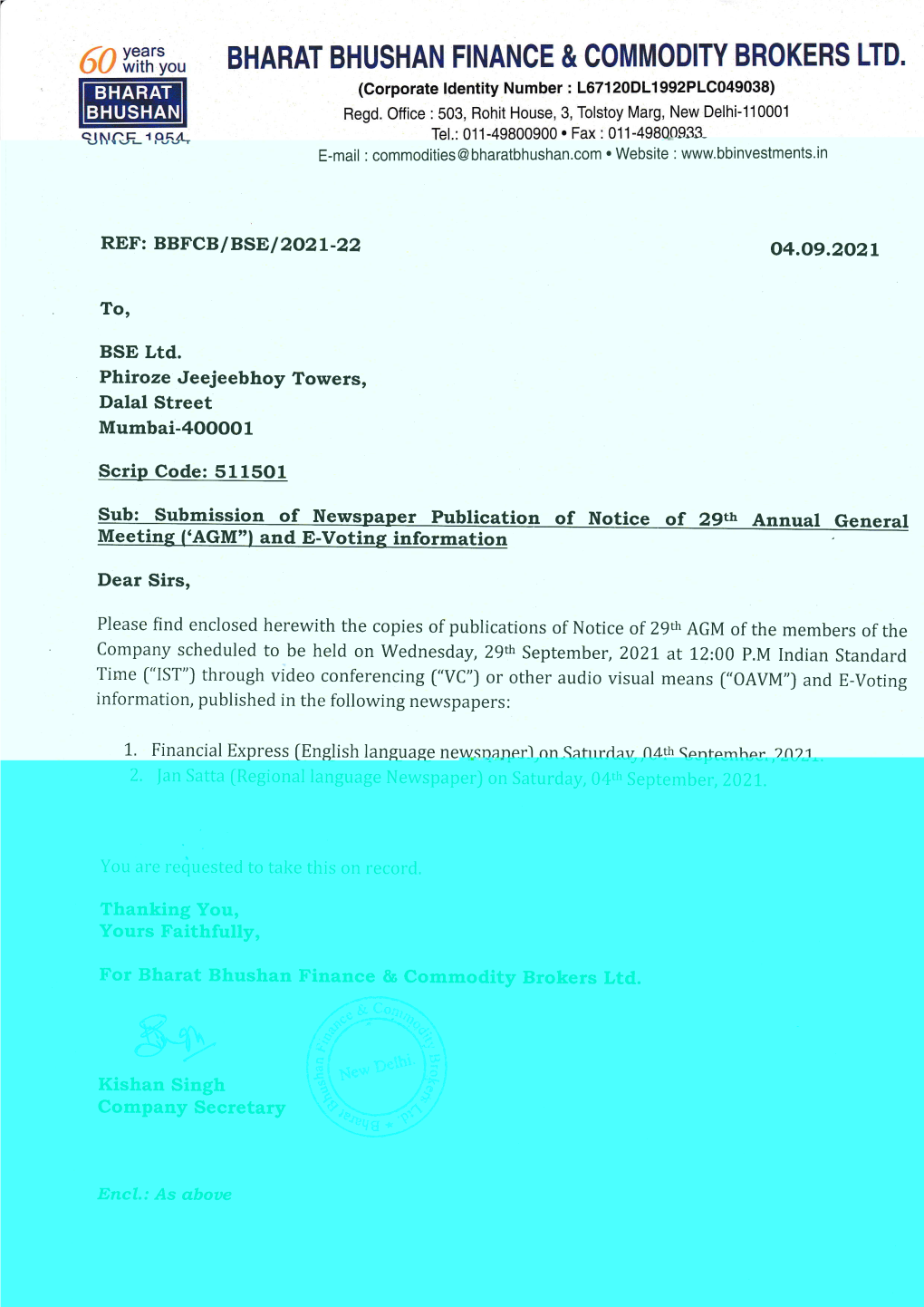 Per Publication of Notice of 29Th Annual General Meetine I'agm"I and E-Votins Dear Sirs